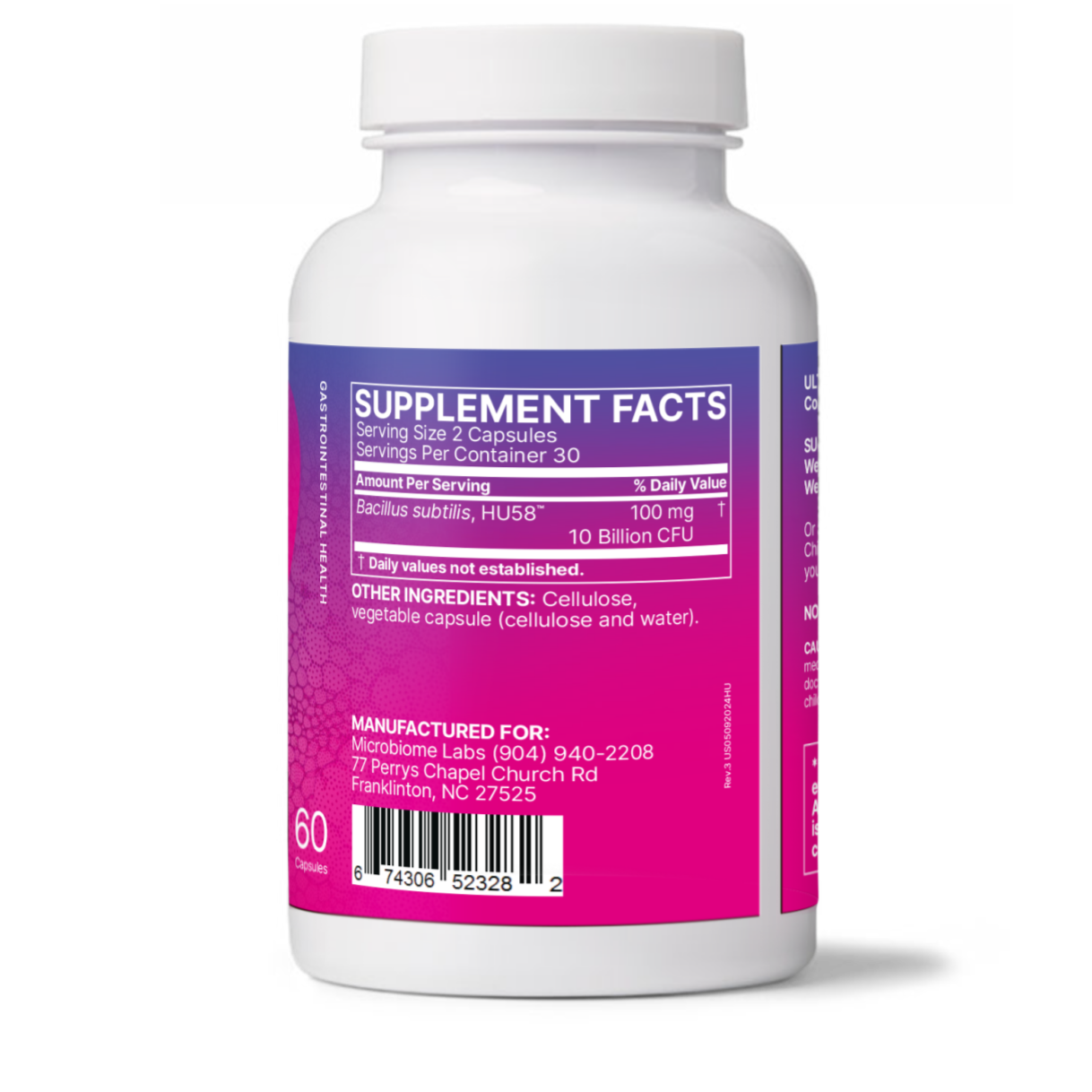 Microbiome Labs HU58 Bacillus Subtilis Probiotics for Women and Men - High Potency Spore Probiotic for Digestive Health & Immune Support - Daily Capsules with 10 Billion CFU (60 Capsules)