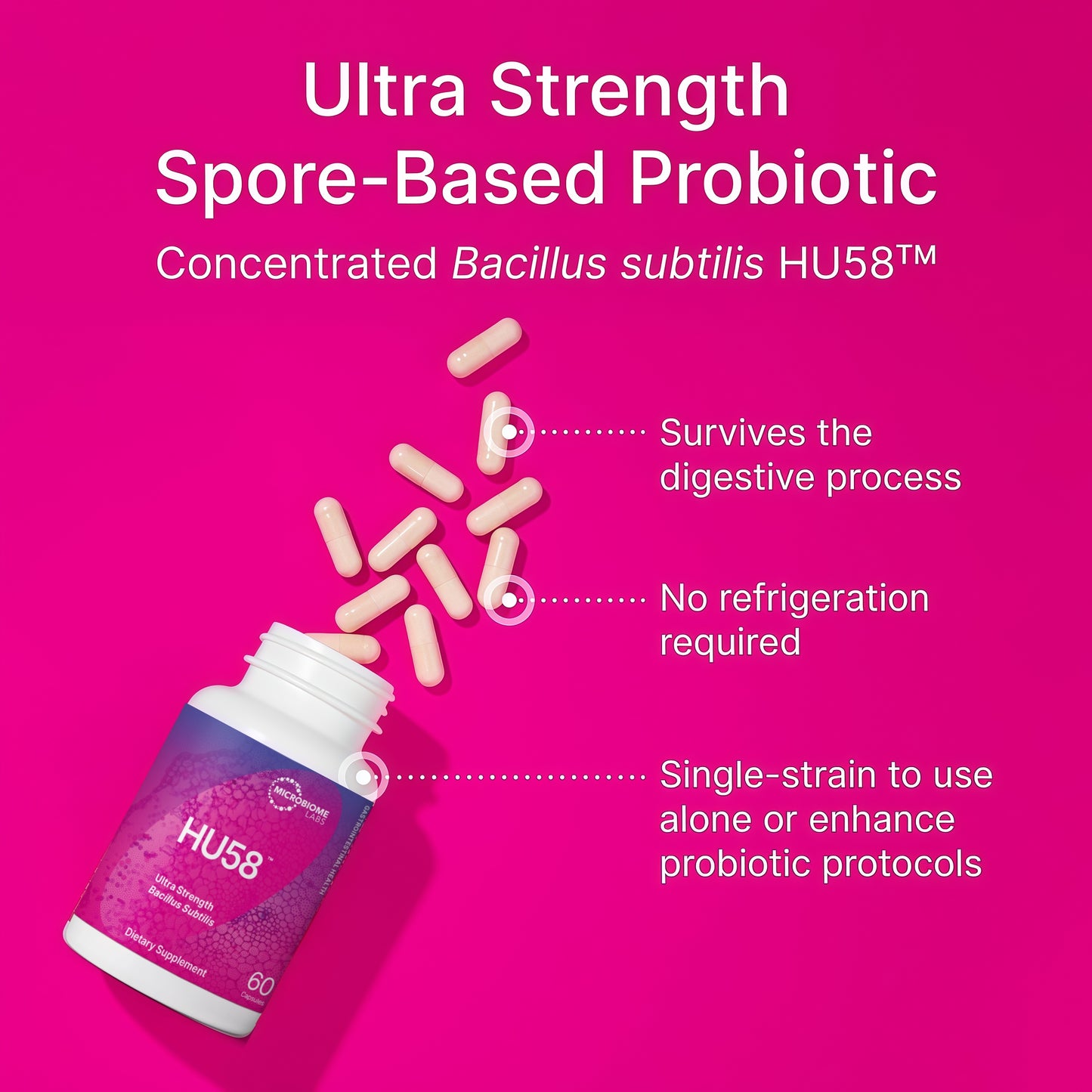Microbiome Labs HU58 Bacillus Subtilis Probiotics for Women and Men - High Potency Spore Probiotic for Digestive Health & Immune Support - Daily Capsules with 10 Billion CFU (60 Capsules)